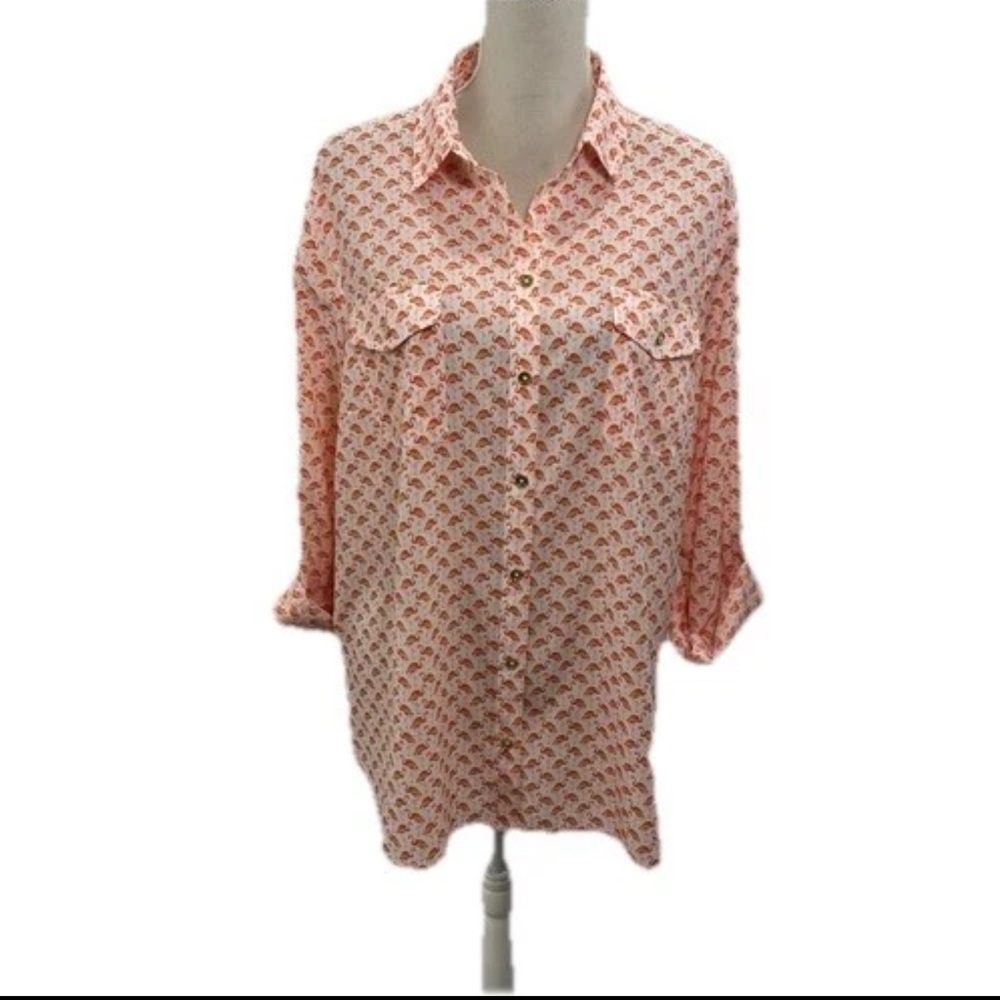 Jones New York Shirt Womens Extra Large XL White Orange Flamingo Blouse Work
